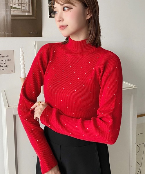 moment+（モーメントプラス）の「ラインストーンハイネックニットプルオーバー（ニット/セーター・レディース・レッド/アイボリー/ブラック/ナチュラル/チャコールグレー/杢グレー・M/L）」の8枚目の写真