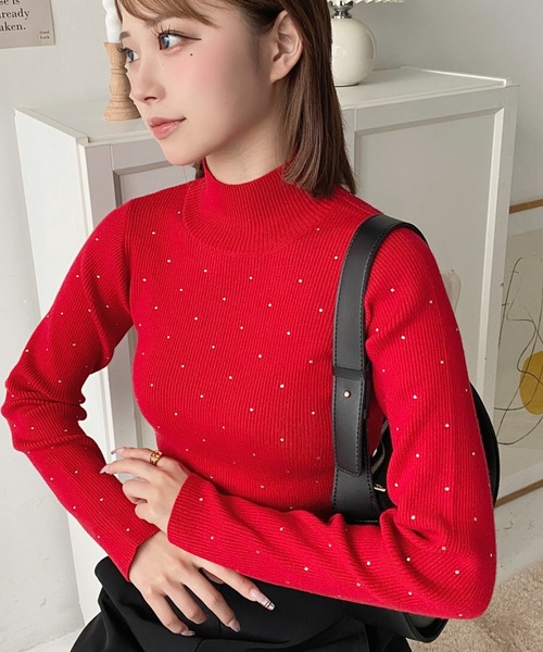 moment+（モーメントプラス）の「ラインストーンハイネックニットプルオーバー（ニット/セーター・レディース・レッド/アイボリー/ブラック/ナチュラル/チャコールグレー/杢グレー・M/L）」の9枚目の写真