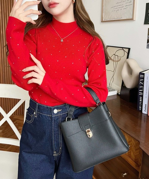 moment+（モーメントプラス）の「ラインストーンハイネックニットプルオーバー（ニット/セーター・レディース・レッド/アイボリー/ブラック/ナチュラル/チャコールグレー/杢グレー・M/L）」の12枚目の写真