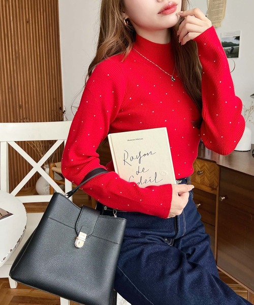 moment+（モーメントプラス）の「ラインストーンハイネックニットプルオーバー（ニット/セーター・レディース・レッド/アイボリー/ブラック/ナチュラル/チャコールグレー/杢グレー・M/L）」の14枚目の写真