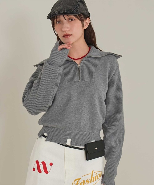 miette(ミエット)の「ハーフジップダメージニットプルオーバー(ニット/セーター・レディース・ブラック/グレー/パープル・FREE)」の2枚目の写真
