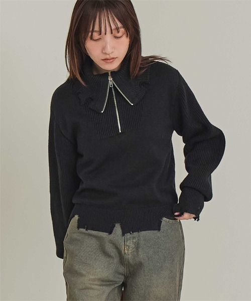 miette(ミエット)の「ハーフジップダメージニットプルオーバー(ニット/セーター・レディース・ブラック/グレー/パープル・FREE)」の1枚目の写真