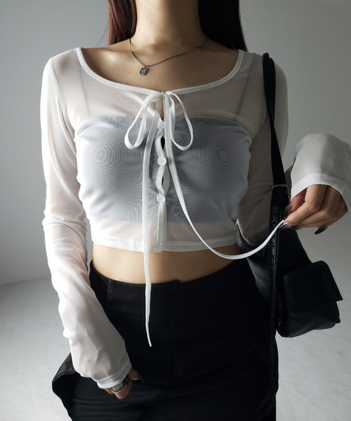 me+em select(ミームセレクト)の「※※【 3color / 2WAY 】クロスストラップリボンシアーショートカーディガン / cross strap ribbon sheer short cardigan(カーディガン/ボレロ・レディース・ブラック/ダークグレー/ホワイト・FREE)」の1枚目の写真