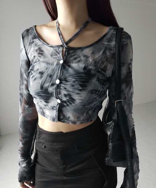 me+em select(ミームセレクト)の「※※【 3color / 2WAY 】クロスストラップリボンシアーショートカーディガン / cross strap ribbon sheer short cardigan(カーディガン/ボレロ・レディース・ブラック/ダークグレー/ホワイト・FREE)」の3枚目の写真