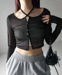 me+em select(~[ZNg)́y Rcolor ^ QWAY zNXXgbv{VA[V[gJ[fBK ^ cross strap ribbon sheer short cardigan(J[fBK/{)