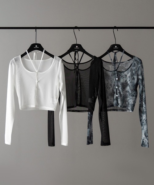 me+em select(ミームセレクト)の「※※【 3color / 2WAY 】クロスストラップリボンシアーショートカーディガン / cross strap ribbon sheer short cardigan(カーディガン/ボレロ・レディース・ブラック/ダークグレー/ホワイト・FREE)」の4枚目の写真