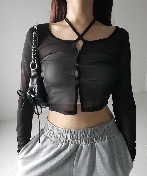 me+em select(ミームセレクト)の「※※【 3color / 2WAY 】クロスストラップリボンシアーショートカーディガン / cross strap ribbon sheer short cardigan(カーディガン/ボレロ・レディース・ブラック/ダークグレー/ホワイト・FREE)」の7枚目の写真