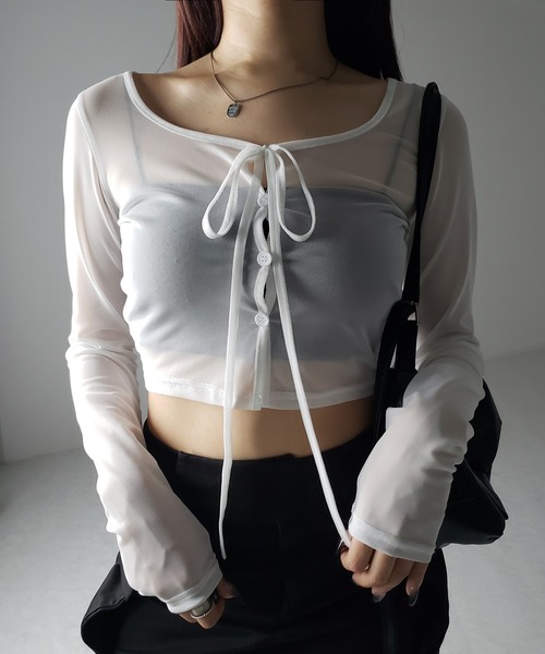 me+em select(ミームセレクト)の「※※【 3color / 2WAY 】クロスストラップリボンシアーショートカーディガン / cross strap ribbon sheer short cardigan(カーディガン/ボレロ・レディース・ブラック/ダークグレー/ホワイト・FREE)」の17枚目の写真