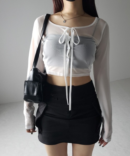 me+em select(ミームセレクト)の「※※【 3color / 2WAY 】クロスストラップリボンシアーショートカーディガン / cross strap ribbon sheer short cardigan(カーディガン/ボレロ・レディース・ブラック/ダークグレー/ホワイト・FREE)」の19枚目の写真