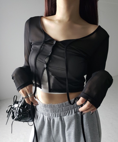 me+em select(ミームセレクト)の「※※【 3color / 2WAY 】クロスストラップリボンシアーショートカーディガン / cross strap ribbon sheer short cardigan(カーディガン/ボレロ・レディース・ブラック/ダークグレー/ホワイト・FREE)」の6枚目の写真