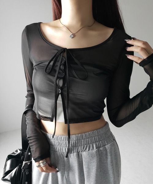 me+em select(ミームセレクト)の「※※【 3color / 2WAY 】クロスストラップリボンシアーショートカーディガン / cross strap ribbon sheer short cardigan(カーディガン/ボレロ・レディース・ブラック/ダークグレー/ホワイト・FREE)」の9枚目の写真