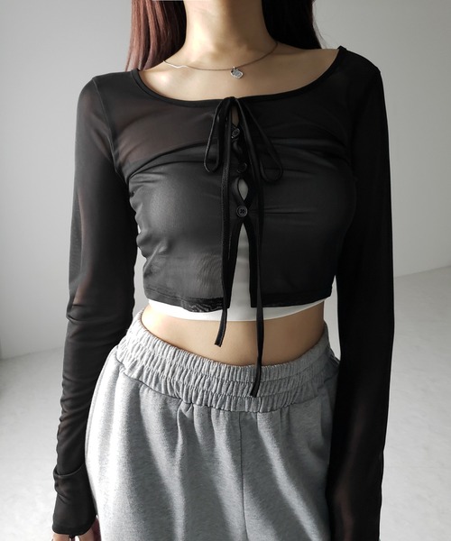 me+em select(ミームセレクト)の「※※【 3color / 2WAY 】クロスストラップリボンシアーショートカーディガン / cross strap ribbon sheer short cardigan(カーディガン/ボレロ・レディース・ブラック/ダークグレー/ホワイト・FREE)」の10枚目の写真