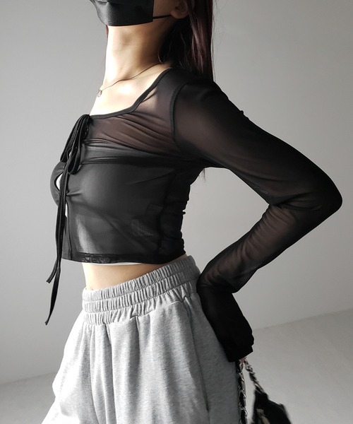 me+em select(ミームセレクト)の「※※【 3color / 2WAY 】クロスストラップリボンシアーショートカーディガン / cross strap ribbon sheer short cardigan(カーディガン/ボレロ・レディース・ブラック/ダークグレー/ホワイト・FREE)」の11枚目の写真