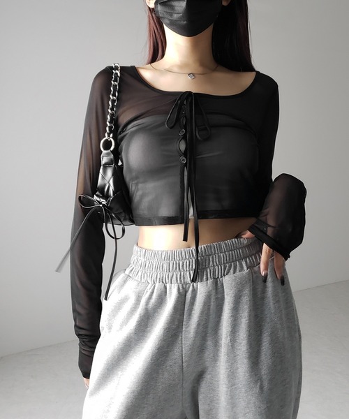 me+em select(ミームセレクト)の「※※【 3color / 2WAY 】クロスストラップリボンシアーショートカーディガン / cross strap ribbon sheer short cardigan(カーディガン/ボレロ・レディース・ブラック/ダークグレー/ホワイト・FREE)」の12枚目の写真