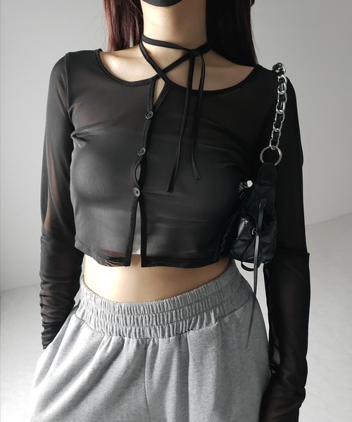 me+em select(ミームセレクト)の「※※【 3color / 2WAY 】クロスストラップリボンシアーショートカーディガン / cross strap ribbon sheer short cardigan(カーディガン/ボレロ・レディース・ブラック/ダークグレー/ホワイト・FREE)」の13枚目の写真
