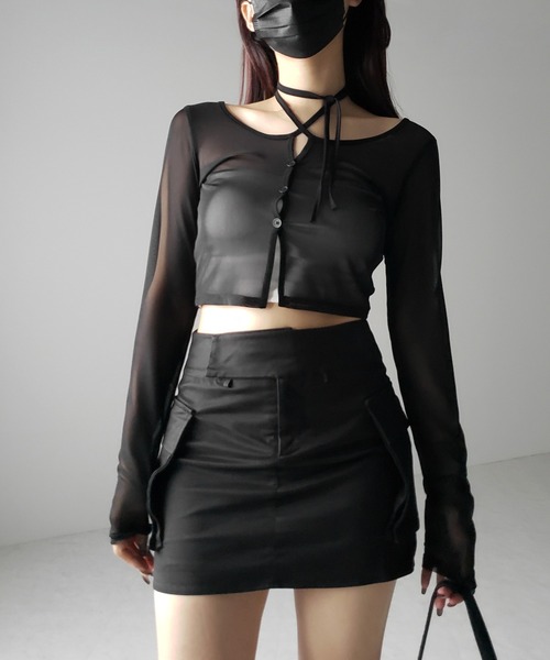 me+em select(ミームセレクト)の「※※【 3color / 2WAY 】クロスストラップリボンシアーショートカーディガン / cross strap ribbon sheer short cardigan(カーディガン/ボレロ・レディース・ブラック/ダークグレー/ホワイト・FREE)」の15枚目の写真