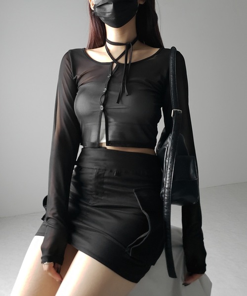 me+em select(ミームセレクト)の「※※【 3color / 2WAY 】クロスストラップリボンシアーショートカーディガン / cross strap ribbon sheer short cardigan(カーディガン/ボレロ・レディース・ブラック/ダークグレー/ホワイト・FREE)」の16枚目の写真
