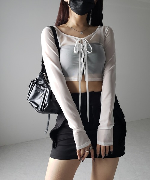 me+em select(ミームセレクト)の「※※【 3color / 2WAY 】クロスストラップリボンシアーショートカーディガン / cross strap ribbon sheer short cardigan(カーディガン/ボレロ・レディース・ブラック/ダークグレー/ホワイト・FREE)」の21枚目の写真