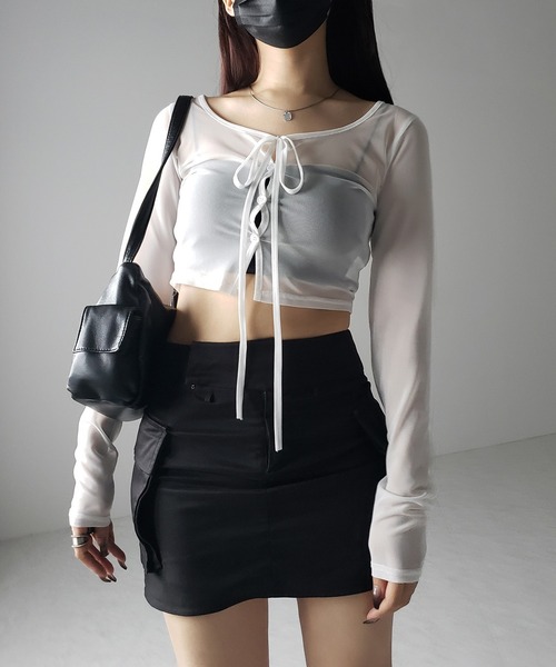 me+em select(ミームセレクト)の「※※【 3color / 2WAY 】クロスストラップリボンシアーショートカーディガン / cross strap ribbon sheer short cardigan(カーディガン/ボレロ・レディース・ブラック/ダークグレー/ホワイト・FREE)」の22枚目の写真