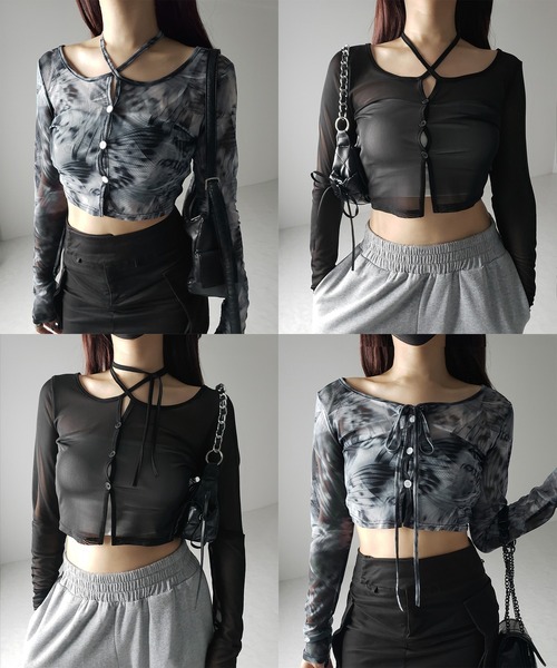 me+em select(ミームセレクト)の「※※【 3color / 2WAY 】クロスストラップリボンシアーショートカーディガン / cross strap ribbon sheer short cardigan(カーディガン/ボレロ・レディース・ブラック/ダークグレー/ホワイト・FREE)」の5枚目の写真