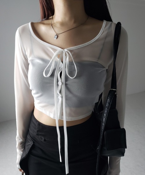 me+em select(ミームセレクト)の「※※【 3color / 2WAY 】クロスストラップリボンシアーショートカーディガン / cross strap ribbon sheer short cardigan(カーディガン/ボレロ・レディース・ブラック/ダークグレー/ホワイト・FREE)」の18枚目の写真