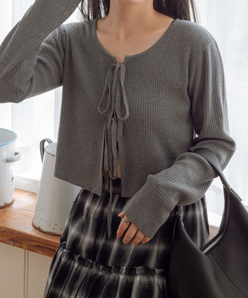 WEGO（ウィゴー）の「WEGO/リボンリブカーディガン（カーディガン/ボレロ・レディース・ピンク/ホワイト/ブラック/グレー・FREE）」の2枚目の写真