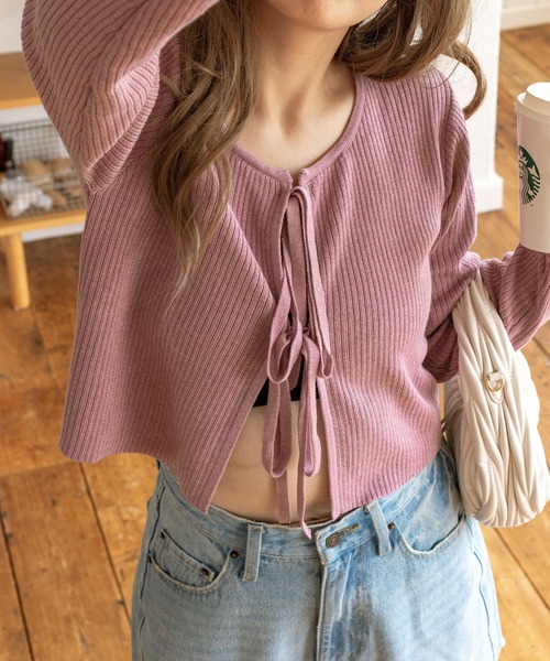 WEGO（ウィゴー）の「WEGO/リボンリブカーディガン（カーディガン/ボレロ・レディース・ピンク/ホワイト/ブラック/グレー・FREE）」の4枚目の写真