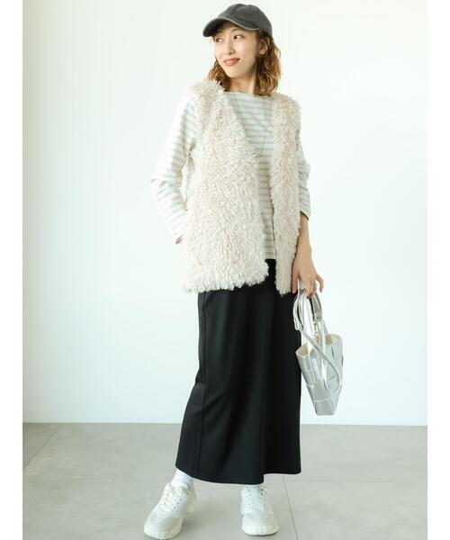 Lugnoncure（ルノンキュール）の「【選べる着丈】ポンチナロースカート（スカート・レディース・ブラック/ベージュ/ネイビー/ピンク/グリーン・ﾌﾘｰ(L)/ﾌﾘｰ(M)）」の14枚目の写真