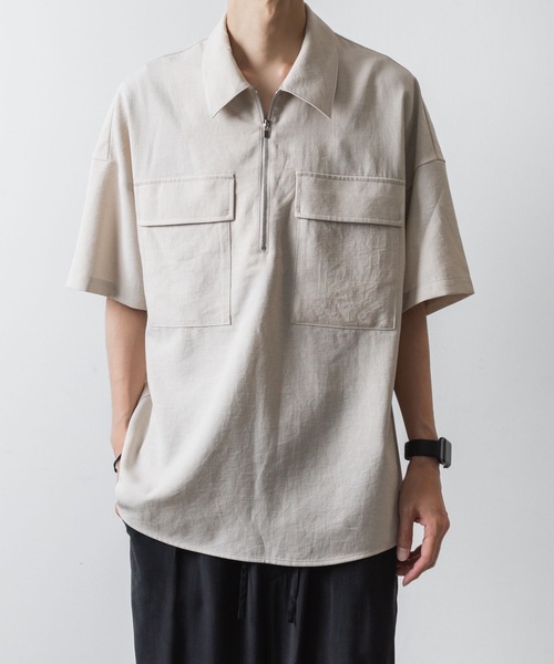 セール】PE/CO/LI ツイル ハーフジップ S/Sシャツ / PE/CO/LI TWILL