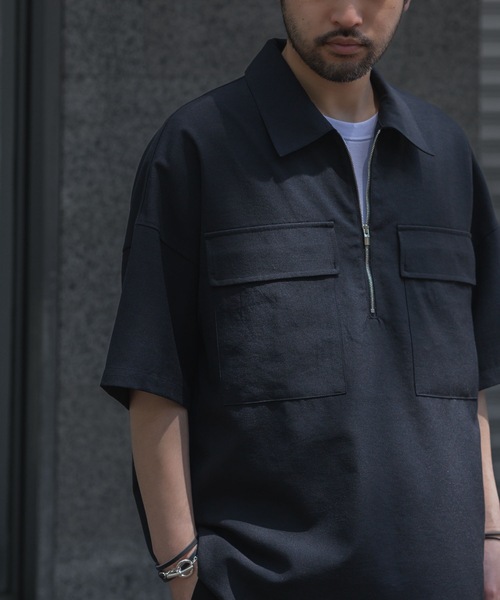 ATTACHMENT（アタッチメント）の「PE/CO/LI ツイル ハーフジップ S/Sシャツ / PE/CO/LI TWILL HALF ZIP S/S SHIRT（シャツ/ブラウス・メンズ・ベージュ/ブラック・1/2/3）」の3枚目の写真