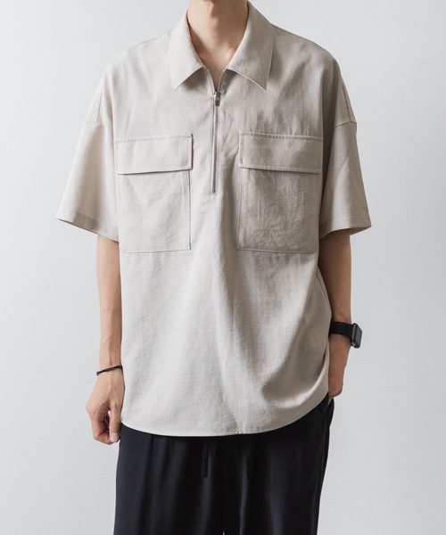 ATTACHMENT（アタッチメント）の「PE/CO/LI ツイル ハーフジップ S/Sシャツ / PE/CO/LI TWILL HALF ZIP S/S SHIRT（シャツ/ブラウス・メンズ・ベージュ/ブラック・1/2/3）」の10枚目の写真