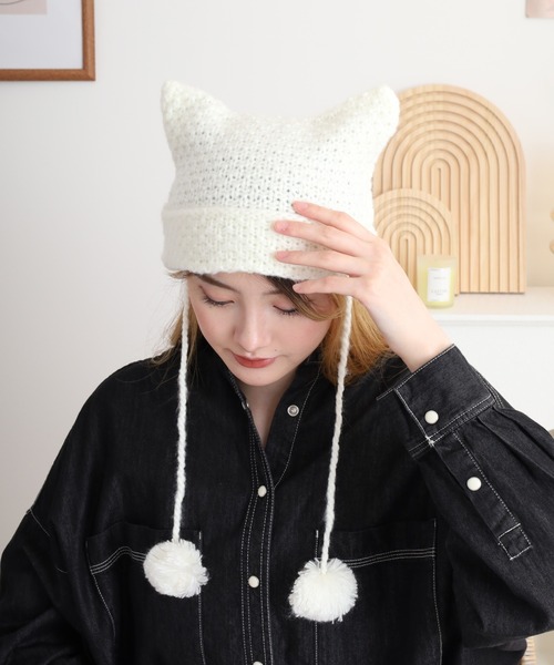 セール】RUCCHE ボーダーニット猫耳ワッチ（ニットキャップ