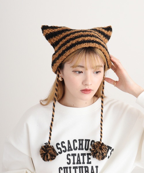 セール】RUCCHE ボーダーニット猫耳ワッチ（ニットキャップ