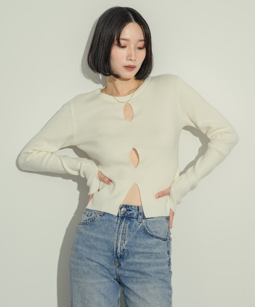 ニットの高品質マダムトップスセーター HUG.U ニット 透かし編み トップス レディース プルオーバー 春
