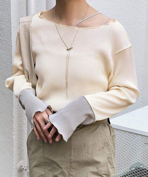 セール】バイカラースリーブプリーツトップス（Tシャツ/カットソー