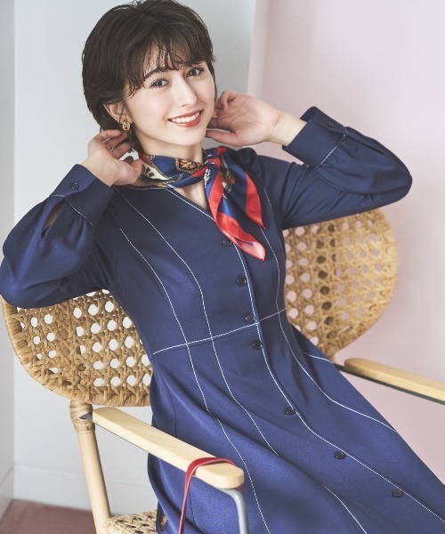 デコルテあき配色ステッチワンピース（ワンピース）｜AND COUTURE