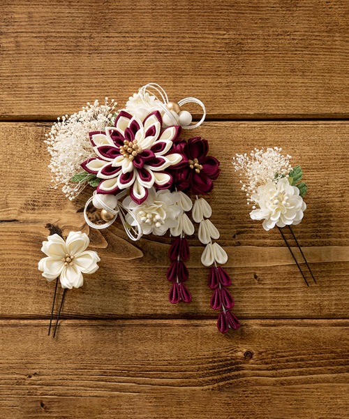 SOUBIEN（ソウビエン）の「つまみ細工　flower髪飾り3点セット（和装小物・レディース・ネイビー系/グリーン系/ホワイト系/パープル系・FREE）」の10枚目の写真