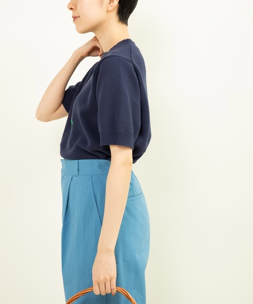 CHILD WOMAN（チャイルドウーマン）の「☆2/32 強撚綿すいかインターシャ 半袖プルオーバー（ニット/セーター・レディース・イエロー/ネイビー・FREE）」の4枚目の写真