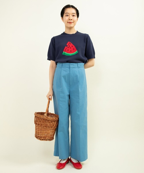 CHILD WOMAN（チャイルドウーマン）の「☆2/32 強撚綿すいかインターシャ 半袖プルオーバー（ニット/セーター・レディース・イエロー/ネイビー・FREE）」の6枚目の写真