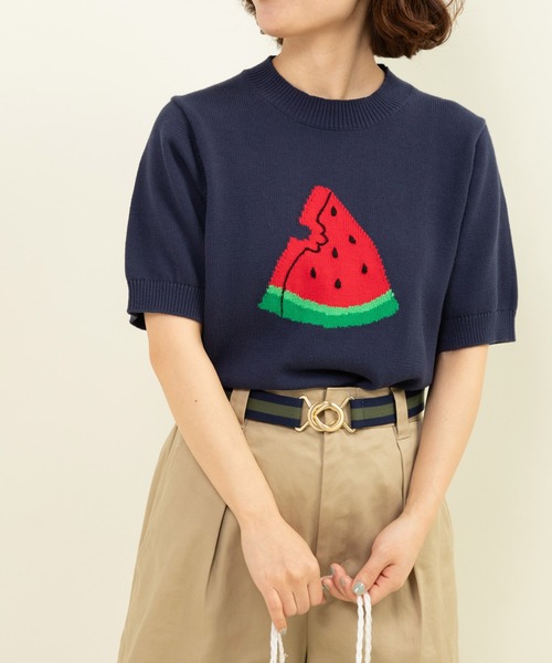 CHILD WOMAN（チャイルドウーマン）の「☆2/32 強撚綿すいかインターシャ 半袖プルオーバー（ニット/セーター・レディース・イエロー/ネイビー・FREE）」の10枚目の写真