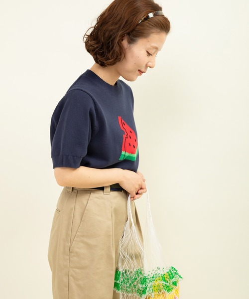 CHILD WOMAN（チャイルドウーマン）の「☆2/32 強撚綿すいかインターシャ 半袖プルオーバー（ニット/セーター・レディース・イエロー/ネイビー・FREE）」の11枚目の写真