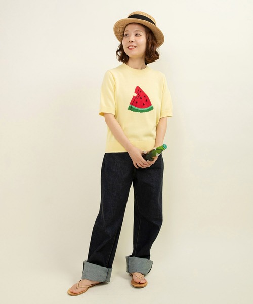 CHILD WOMAN（チャイルドウーマン）の「☆2/32 強撚綿すいかインターシャ 半袖プルオーバー（ニット/セーター・レディース・イエロー/ネイビー・FREE）」の18枚目の写真