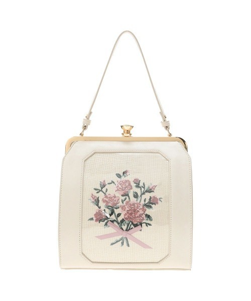 ふりふ 一輪花 刺繍 がま口 ハンドバッグ 中古 美品 アンアナザーアンジェラス an another angelus ブーケ刺繍