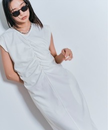 【冷涼 軽量 ストレッチ】シャーリング ロング ワンピース / ノースリーブ フレンチスリーブ 袖なし