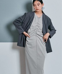 【冷涼 軽量 ストレッチ】シャーリング ロング ワンピース / ノースリーブ フレンチスリーブ 袖なし
