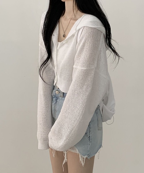 フード付きニットカーディガン ショート丈 春 miniministore フード付きニットカーディガン ショート丈