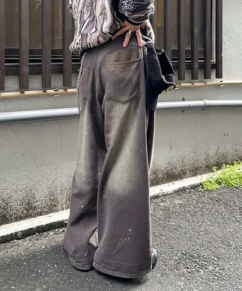 MandO】ストライプチェックバギーロールアップワイドパンツ