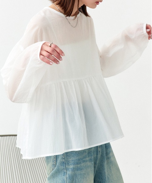 ad thie(アドティエ)の「シアーワッシャー ギャザーペプラム ブラウス(シャツ/ブラウス・レディース・ピンク/ライトブルー/ブラック/ライトグリーン/オフホワイト・FREE)」の2枚目の写真
