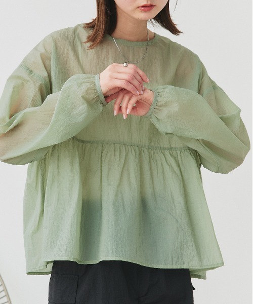 ad thie(アドティエ)の「シアーワッシャー ギャザーペプラム ブラウス(シャツ/ブラウス・レディース・ピンク/ライトブルー/ブラック/ライトグリーン/オフホワイト・FREE)」の4枚目の写真