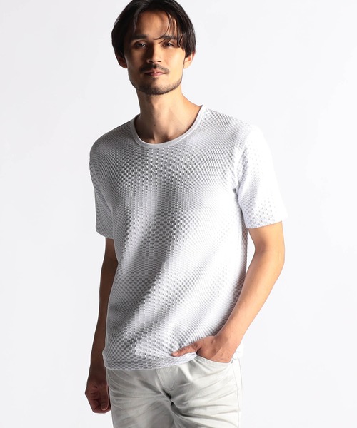 NICOLE CLUB FOR MEN(ニコルクラブフォーメン)の「ジオメトリックジャカード半袖プルオーバー(Tシャツ/カットソー・メンズ・オフホワイト/ホワイト系1/ホワイト系2/ブラック・MEDIUM/LARGE/X-LARGE)」の2枚目の写真
